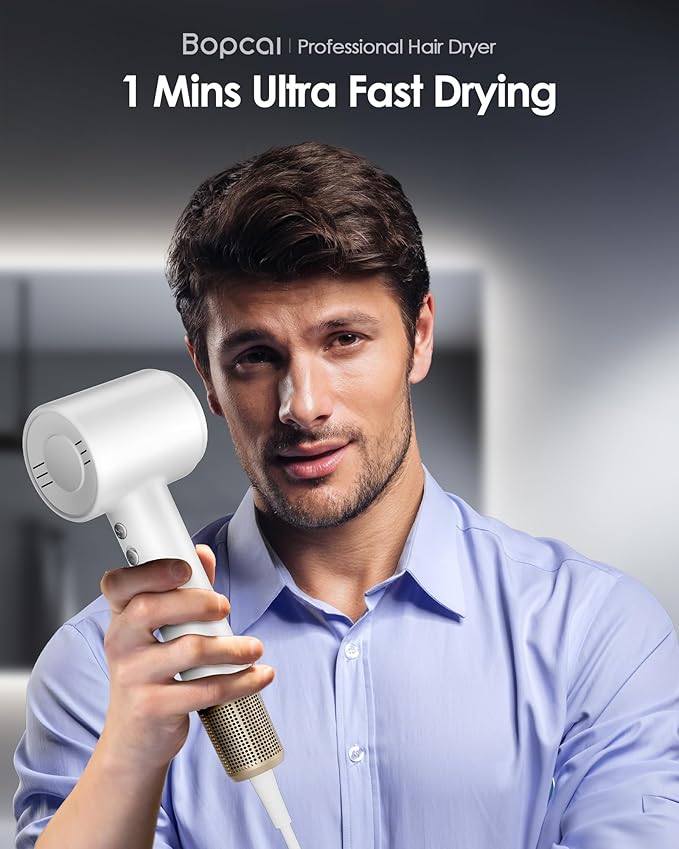 Hair Dryer -Bopcal Ionic Blow Dryer, 500 Million Ions Fast Drying, Low-Noise Hairdryer, 3 Speeds & 4 Temps with Travel Size for Professional Styling at Home/Salon