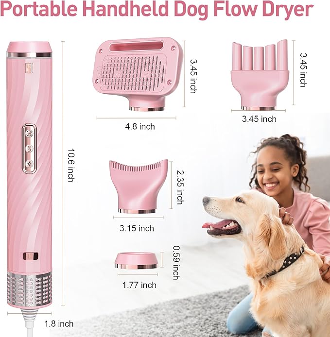 Dog Dryer, Dog Grooming Blow Dryer Kit with Slicker Brush for Pet, High Velocity Blow Dryer for Dogs with Adjustable Speed and Temperature for Dog Grooming Supplies and Home Use, Pink