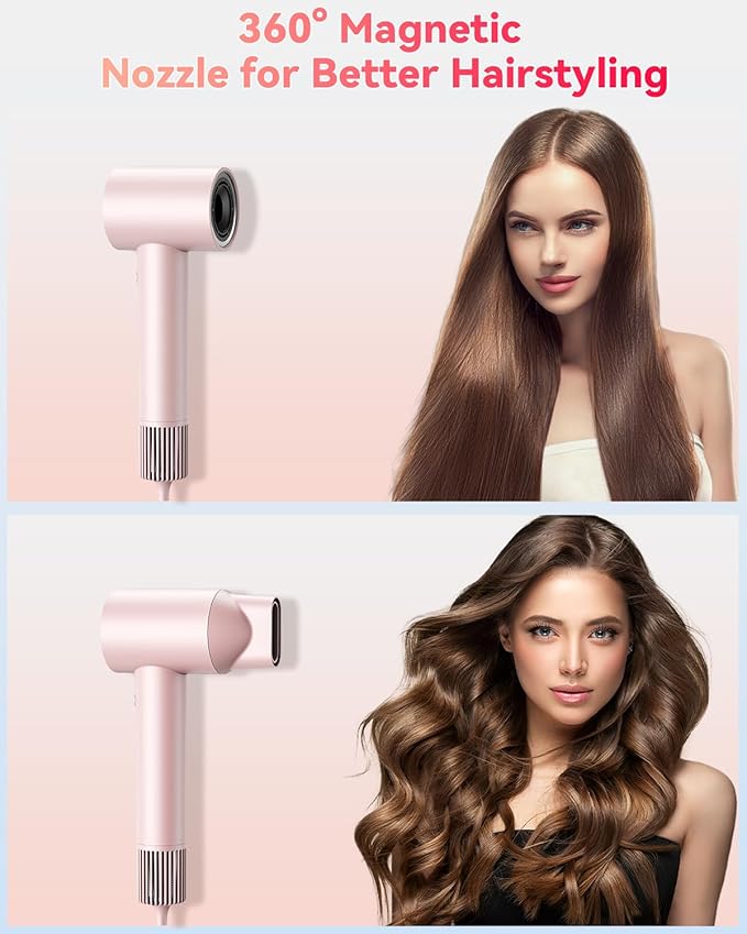 Hair Dryer for Women, 110000 RPM High Speed Blow Dryer, 200 Millions Negative Ionic Hair Dryers for Fast Drying, 1600W Quiet Hairdryer for Travel, Hair Dryer with Concentrators Nozzle, Pink
