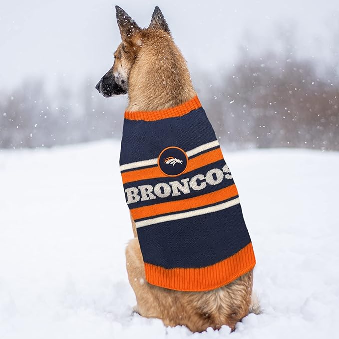 NFL Denver Broncos Dog Sweater, Size Medium. Warm and Cozy Knit Pet Sweater with NFL Team Logo, Best Puppy Sweater for Large and Small Dogs