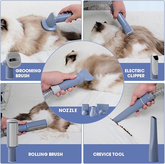 Dog Grooming Vacuum and Dryer Kit, Blower for Pet Vacuum Grooming 7 in 1 with Clippers for Dogs Hair Shedding Brush Remover Tools at Home Blue Grey