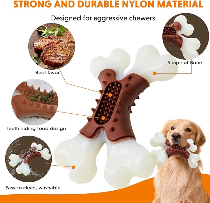 LaRoo Dog Chew Toys for Aggressive Chewers,Indestructible Nylon Bones Toy for Medium and Large Breed to Keep Them Busy,Dental Care Teething Relief,Meat Flavor (Brown)