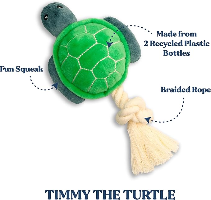 Ocean Collection Dog Toys | Small Sized Timmy The Turtle | Cute, Durable, & Sustainable Plush Chew Toys for Dogs up to 25 lbs | Eco Friendly & 100% Recycled Materials