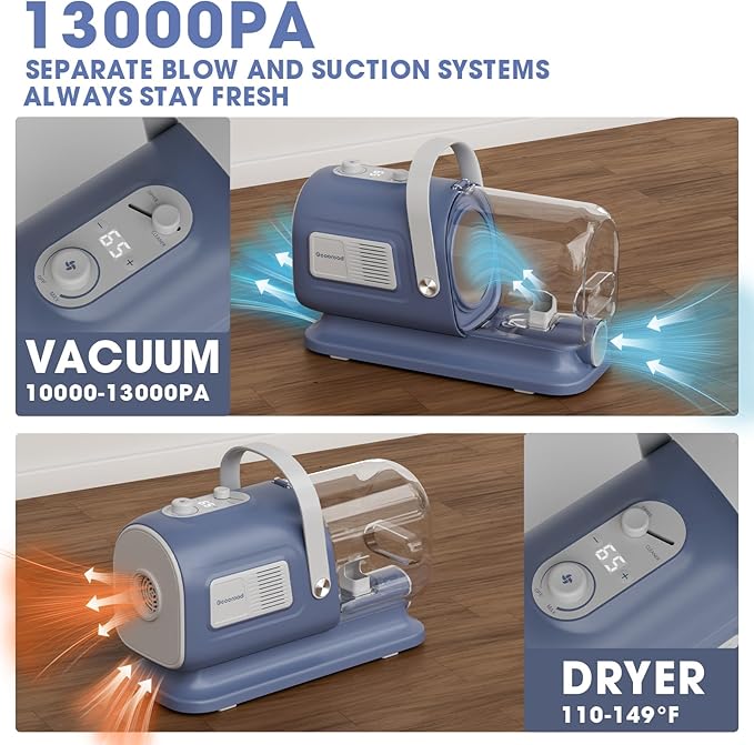 Dog Grooming Vacuum and Dryer Kit, Blower for Pet Vacuum Grooming 7 in 1 with Clippers for Dogs Hair Shedding Brush Remover Tools at Home Blue Grey
