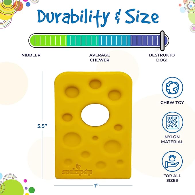 SodaPup Swiss Cheese Wedge – Durable Dog Chew Toy Made in USA from Non-Toxic, Pet Safe, Food Safe Nylon for Mental Stimulation, Clean Teeth, Fresh Breath, Problem Chewing, Calming Nerves & More