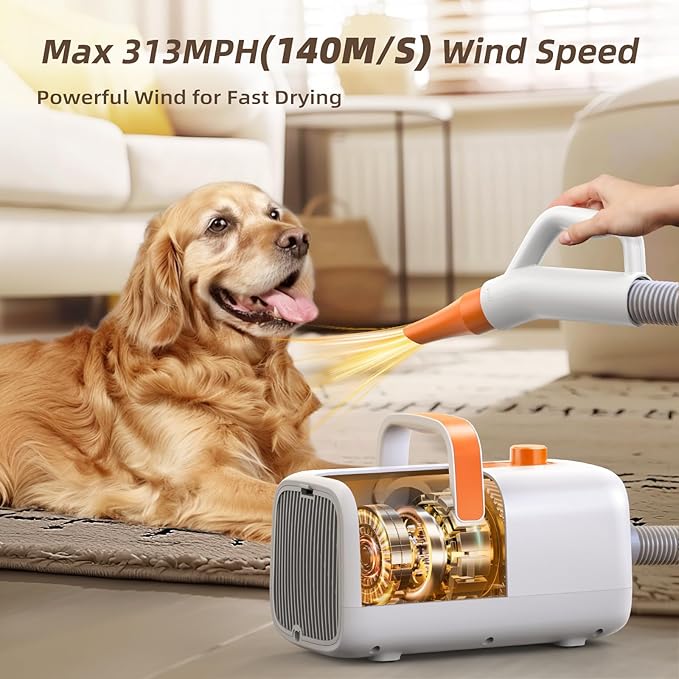 Dog Blower Grooming Dryer for Beginner - Maximum 495ft/s High Velocity Pet Blow Dryer with Cool-Warm-Hot Cycle Mode, Adjustable Temp & Speed, Dog Dryer with 4 Nozzles and Up to 6.56ft Flexible Hose