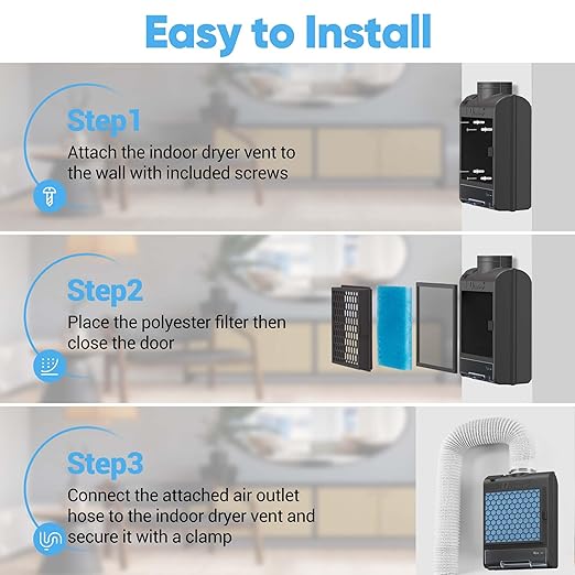 3-in-1 Indoor Dryer Vent Kit for Electric Dryer, Dryer Vent Box with 10 Pieces Polyester Filters, Stainless Steel Screen Filter and Water Drawer System (Vent Hose Include), Black