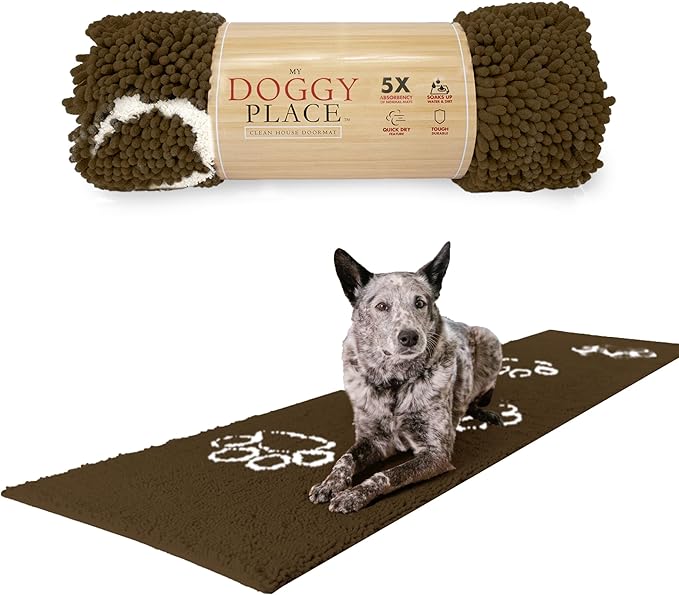 My Doggy Place Microfiber Dog Mat for Muddy Paws, 8' x 2' Brown with Paw Print - Non-Slip, Absorbent and Quick-Drying Dog Paw Cleaning Mat, Washer and Dryer Safe - Hallway Runner
