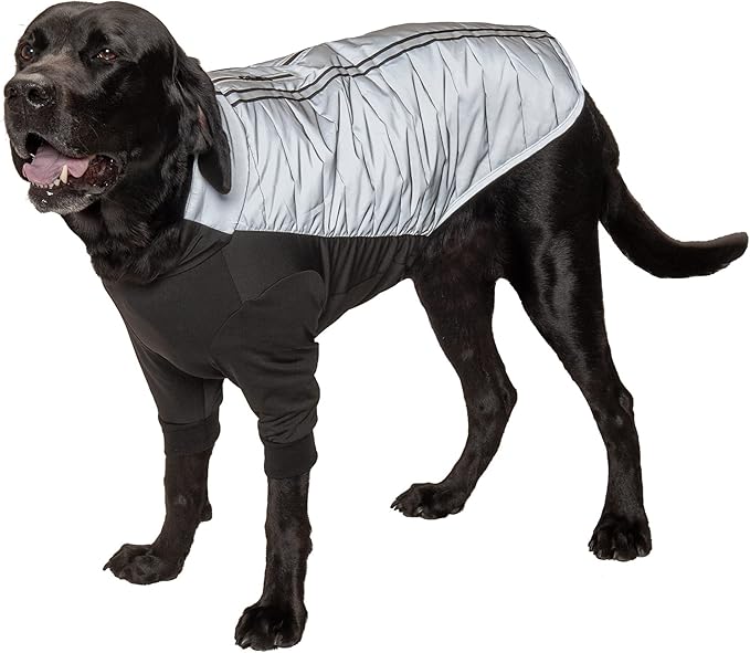 Furhaven Water-Repellent XL Dog Coat, Washable & Reflective w/ Leash Access & Stretch Fabric - Pro-Fit Active Jacket - Chrome, Extra Large