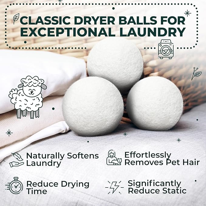 No More Dryer Sheets - Wool Dryer Balls - XL 6-Pack - Eco Dryer Balls - Dryer Balls Laundry Reusable - Softens Laundry Naturally - Reduces Drying Time & Static - with Storage Bag