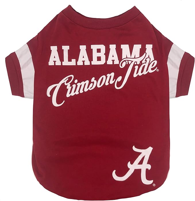 NCAA Alabama Crimson Tide T-SHIRT for DOGS & CATS, Medium. FOOTBALL/BASKETBALL DOG SHIRT for College NCAA Team Fans. NEW & UPDATED FASHIONABLE STRIPE DESIGN, DURABLE & CUTE SPORTS PET TEE SHIRT OUTFIT