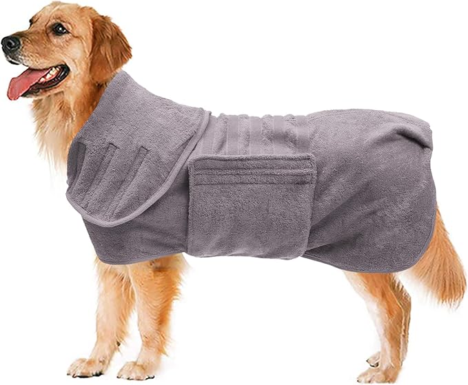 Geyecete Dog Drying Coat - Dog Bathrobe Towel - Microfibre Fast Drying Super Absorbent Pet Cat Bath Robe Towel, Luxuriously Soft - Gray - L