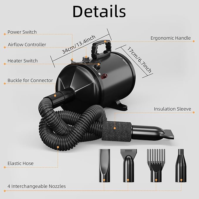 High Velocity Professional Pet Grooming Dryer with Adjustable Speed and Temperature, Dog Blow Dryer with 4 Nozzles, Pet Hair Dryer with Bonus Dog Bath Brush & Dog Shampoo Brush, Black