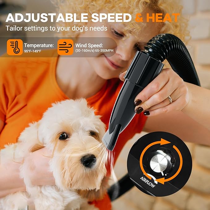 IKARE Dog Hair Dryer, 4.8HP/3600W High Velocity Pet Hair Dryer with Adjustable Speed and Temperature Control, Low Noise Design, Force Dog Grooming Dryer with 4 Nozzles and Storage Bag