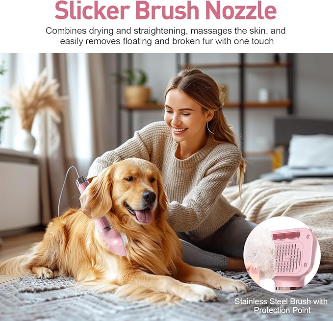 Dog Dryer, Dog Grooming Blow Dryer Kit with Slicker Brush for Pet, High Velocity Blow Dryer for Dogs with Adjustable Speed and Temperature for Dog Grooming Supplies and Home Use, Pink