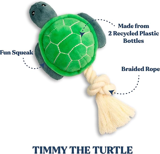 Ocean Collection Dog Toys | Medium Sized Timmy The Turtle | Cute, Durable, & Sustainable Plush Chew Toys for Dogs 25 to 50 lbs | Eco Friendly & 100% Recycled Materials