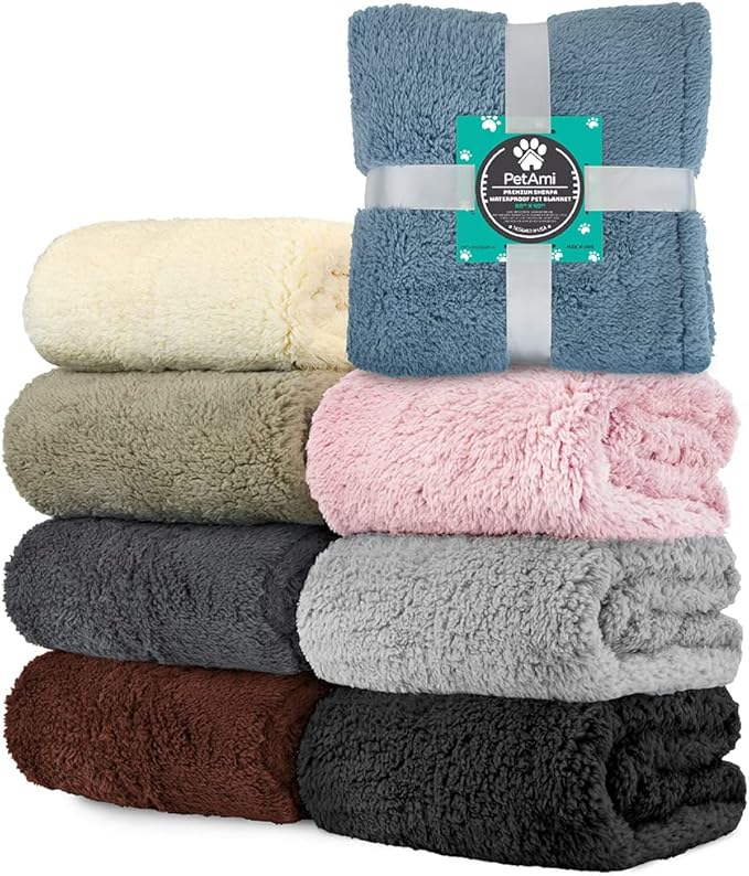 PetAmi Fluffy Waterproof Dog Blanket for Small Medium Dogs, Soft Warm Pet Sherpa Throw Pee Proof Couch Cover, Reversible Cat Puppy Bed Blanket Sofa Protector, Plush Washable Pad (Black, 24x32)
