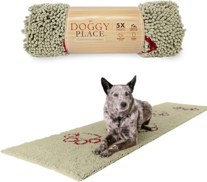 My Doggy Place Microfiber Dog Mat for Muddy Paws, 8' x 2' Oatmeal with Paw Print - Non-Slip, Absorbent and Quick-Drying Dog Paw Cleaning Mat, Washer and Dryer Safe - Hallway Runner