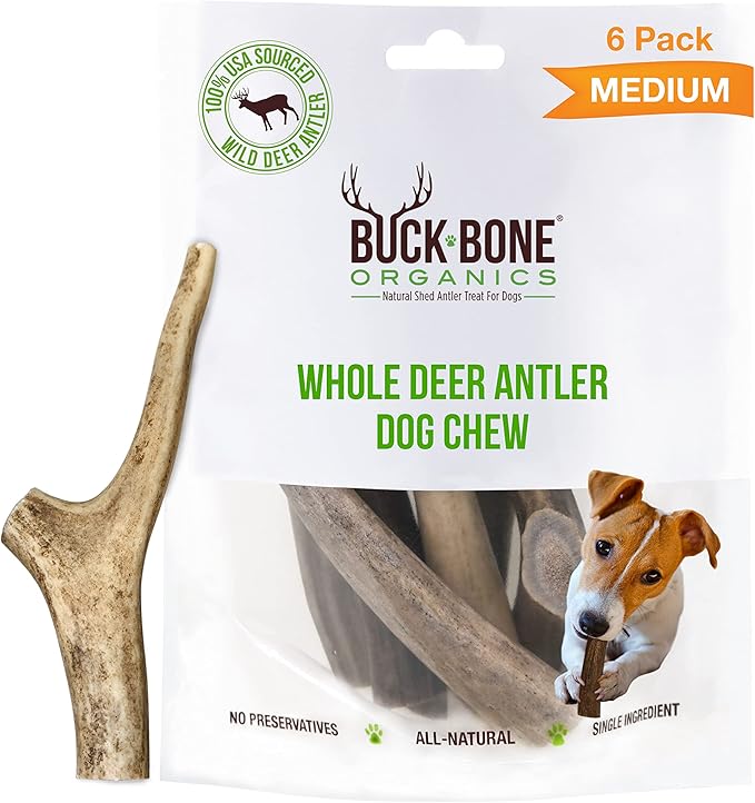 Buck Bone Organics Dog Chews, Deer Antlers for Dogs, Long Lasting Dog Bones for Aggressive Chewers, All Natural, No Preservatives, Wild Shed in The USA, Small/Medium 6 Pack