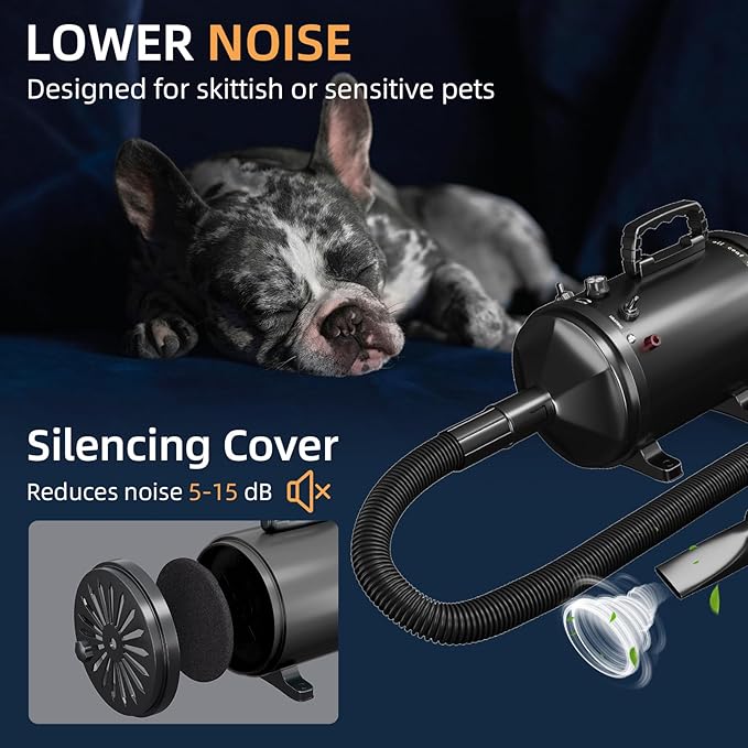 High Velocity Professional Pet Grooming Dryer with Adjustable Speed and Temperature, Dog Blow Dryer with 4 Nozzles, Pet Hair Dryer with Bonus Dog Bath Brush & Dog Shampoo Brush, Black