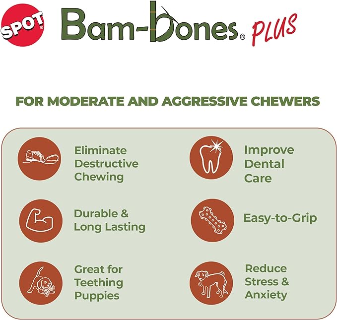 SPOT Bam-Bones Plus Bamboo Stick - Bamboo Fiber & Nylon, Durable Long Lasting Dog Chew for Aggressive Chewers – Great Toy for Adult Dogs & Puppies Under 90lbs, Non-Splintering, 9.5in, Chicken Flavor