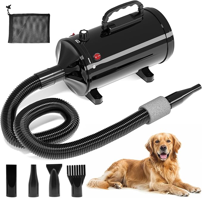 IKARE Dog Hair Dryer, 4.8HP/3600W High Velocity Pet Hair Dryer with Adjustable Speed and Temperature Control, Low Noise Design, Force Dog Grooming Dryer with 4 Nozzles and Storage Bag