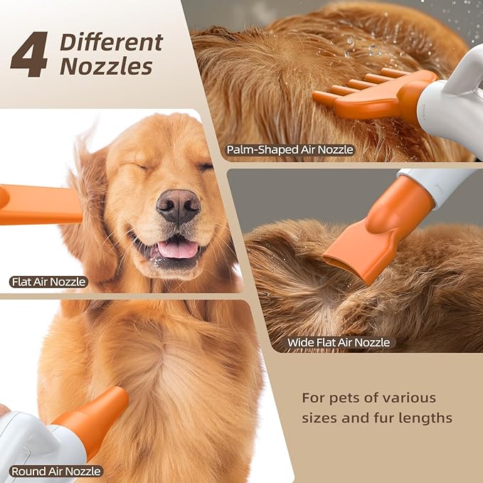 Dog Blower Grooming Dryer for Beginner - Maximum 495ft/s High Velocity Pet Blow Dryer with Cool-Warm-Hot Cycle Mode, Adjustable Temp & Speed, Dog Dryer with 4 Nozzles and Up to 6.56ft Flexible Hose