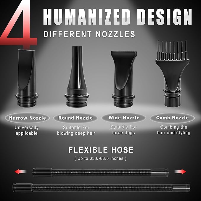 Dog Hair Dryer High Velocity Professional Dog Blow Dryer with Adjustable Speed Dog Pet Grooming Dryer Blower with 4 Nozzle 2 Blow Temperature(Black)
