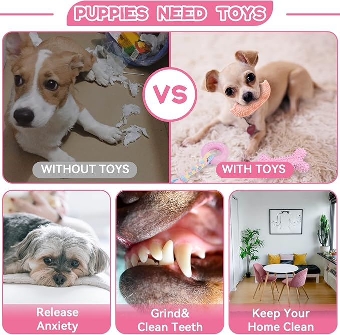 Petcare 6 Pack Puppy Chew Toys for Teething Cute Pink Puppy Toys Small Dog Toys Soft Rubber Rope Dog Toys Funny Bone Ball Cleaning Teeth Dog Chew Toys Puppy Teething Toys for Puppies Yorkie