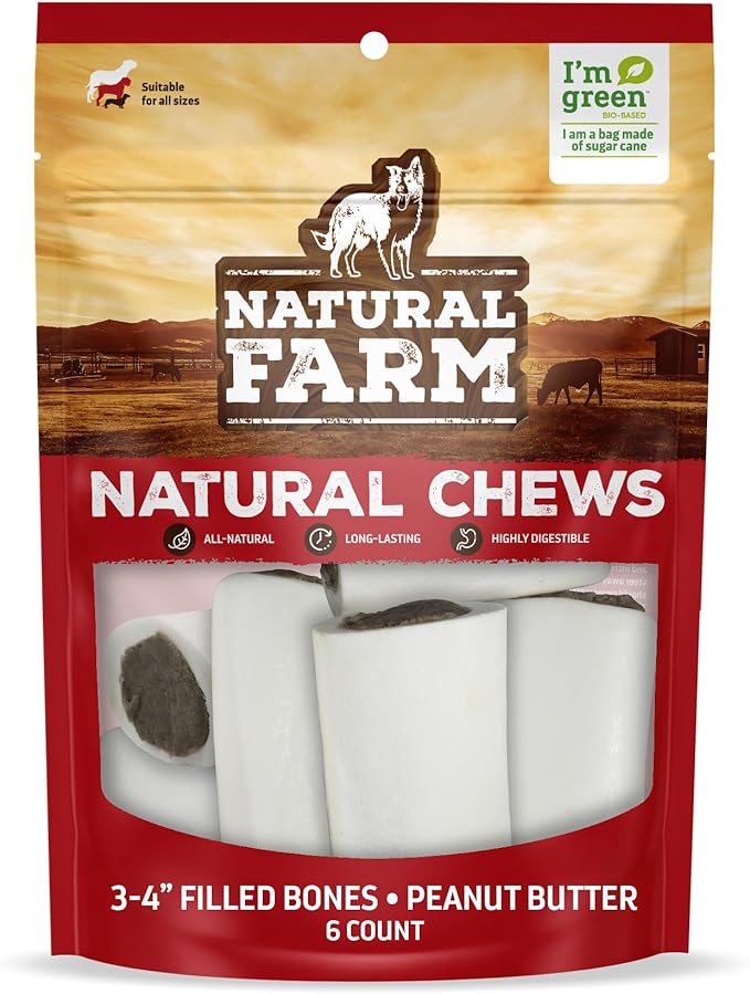 Natural Farm Peanut Butter Filled Bones (3-4 Inch, 6 Pack), Limited Ingredient, Natural Stuffed Dental Dog Bone Treats for Dogs, Made with Real Beef