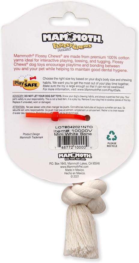 Mammoth Flossy Chews 100 Percent Natural Cotton Rope Dog Toys - Premium White Knot Dog Rope Toy - Interactive Dog Tug Toy - Tug Dog Chew Toy for Small Dogs - Mini 6"