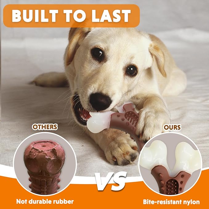 LaRoo Dog Chew Toys for Aggressive Chewers,Indestructible Nylon Bones Toy for Medium and Large Breed to Keep Them Busy,Dental Care Teething Relief,Meat Flavor (Brown)