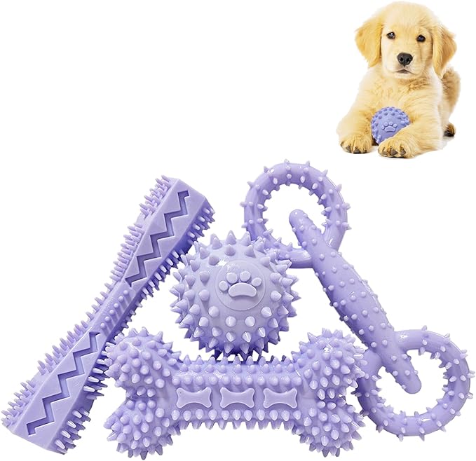 4 Pack Puppy Toys for 2-8 Months Pets Dog Chew Toy for Small Puppies Teething Toys for Cleaning Teeth Food Dispensing Soft Durable Rubber Bone Funny Ball Interactive Donut Treat Dumbbell (Purple)