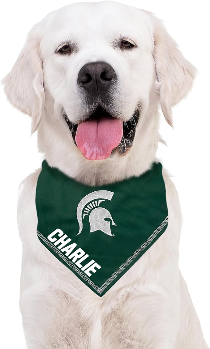NCAA Michigan State Spartans Personalized Tie Bandana for Dogs & Cats, Size Large/X-Large. Custom Cat Dog Bandana Bib for Pets. Ultimate Game-Day & Party Customizable Scarf