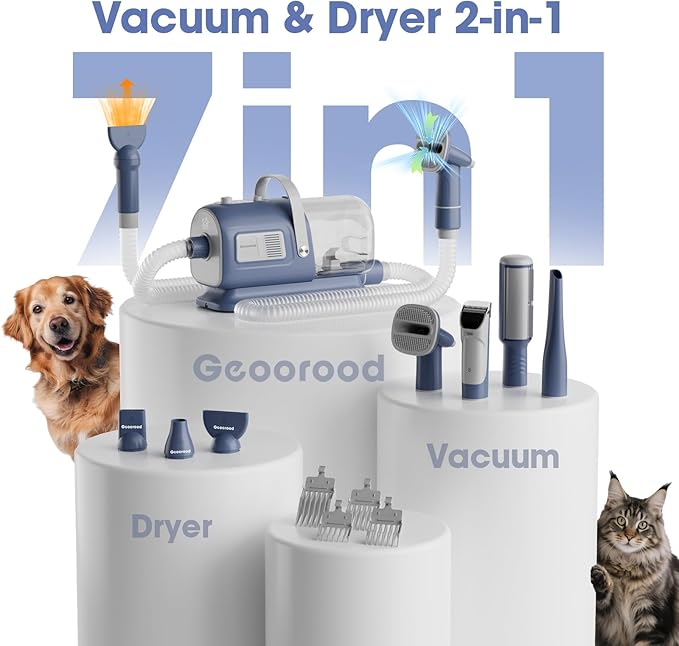 Dog Grooming Vacuum and Dryer Kit, Blower for Pet Vacuum Grooming 7 in 1 with Clippers for Dogs Hair Shedding Brush Remover Tools at Home Blue Grey