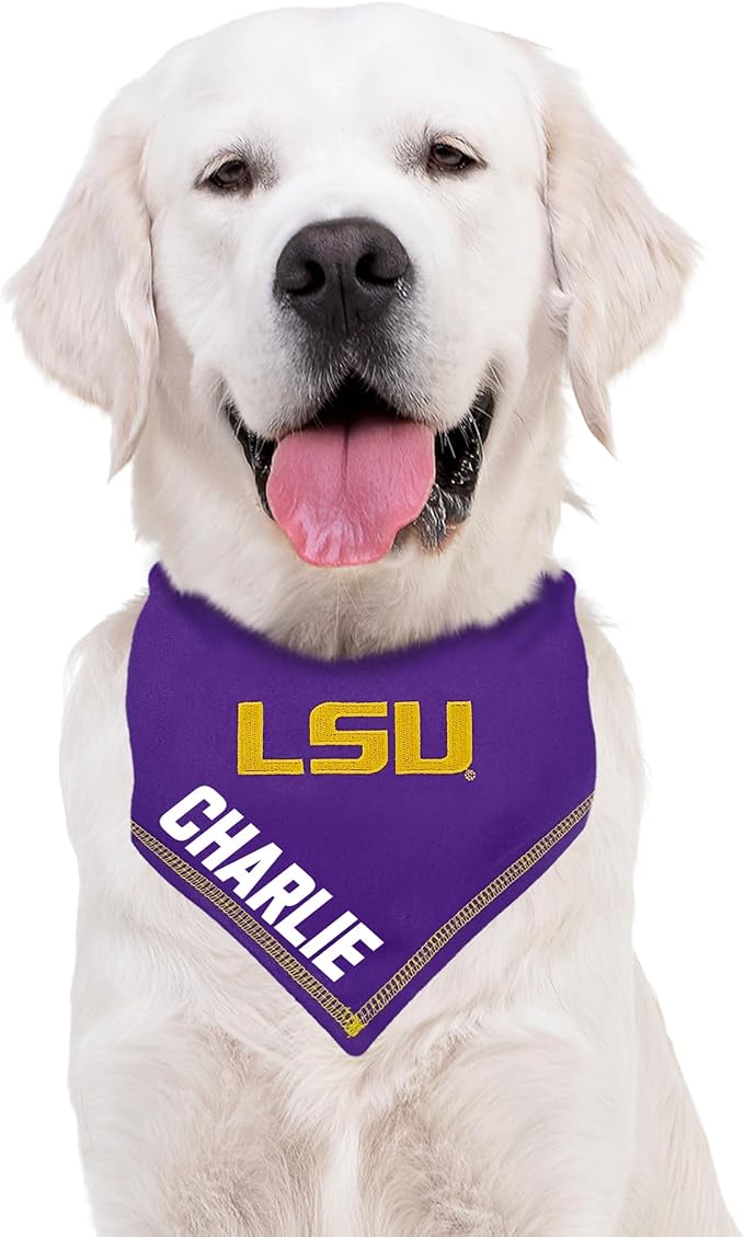 NCAA LSU Tigers Personalized Tie Bandana for Dogs & Cats, Size Large/X-Large. Custom Dog Bandana Scarf Bib for Pet Cat Dog. The Ultimate Game-Day & Party Customizable Bandana