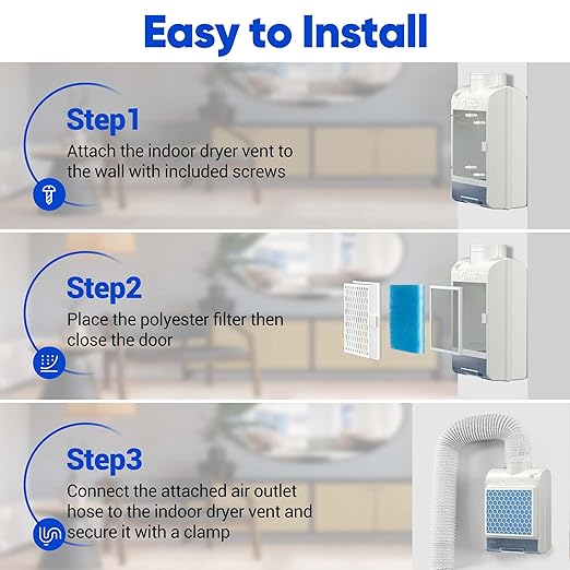 3-in-1 Indoor Dryer Vent Kit for Electric Dryer, Dryer Vent Box with 10 Pieces Polyester Filters, Stainless Steel Screen Filter and Water Drawer System for Protect Home Air Quality, White