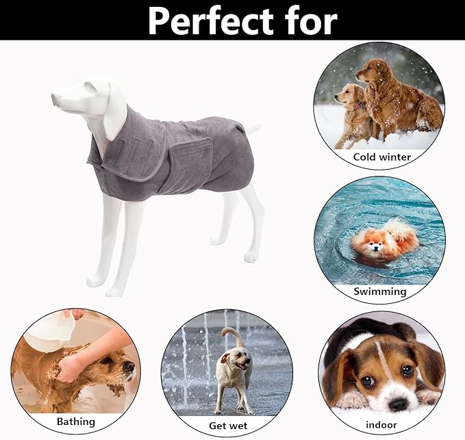 Geyecete Dog Drying Coat - Dog Bathrobe Towel - Microfibre Fast Drying Super Absorbent Pet Cat Bath Robe Towel, Luxuriously Soft - Gray - L