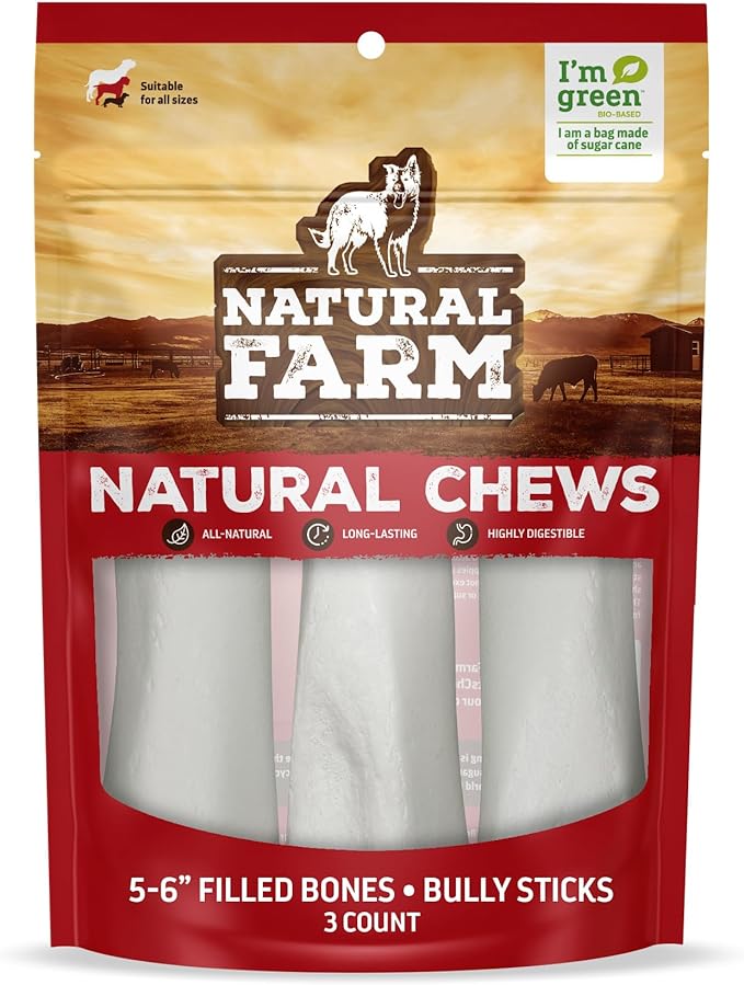 Natural Farm Filled Dog Bones, Bully Stick Flavor (5-6 Inch, 3 Pack), Limited Ingredient Stuffed Dental Dog Bone Treats for Large Dogs