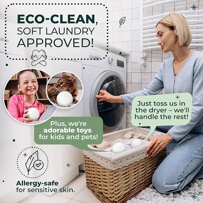 No More Dryer Sheets - Wool Dryer Balls - XL 6-Pack - Eco Dryer Balls - Dryer Balls Laundry Reusable - Softens Laundry Naturally - Reduces Drying Time & Static - with Storage Bag