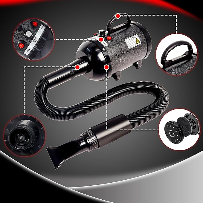 Dog Hair Dryer High Velocity Professional Dog Blow Dryer with Adjustable Speed Dog Pet Grooming Dryer Blower with 4 Nozzle 2 Blow Temperature(Black)