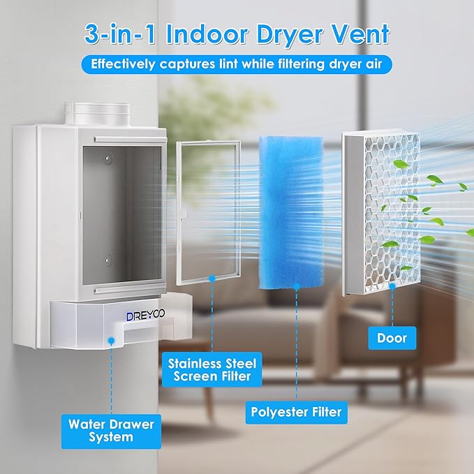 Dreyoo 3 in 1 Dryer Vent Kit for Indoor, Stainless Steel Screen Filter, 7.8 ft Vent Hose and 6 Pieces Polyester Filters, with Water Drawer System for Electric Ventless Dryer(Blue)