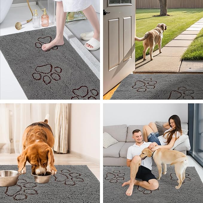 EXPAWLORER Dog Door Mat - Highly Absorbent Microfiber Dog Rug, Soft Chenille Non-Slip Large Pet Paw Cleaning Washable Mud Mat for Indoor Outdoor Floor, Grey