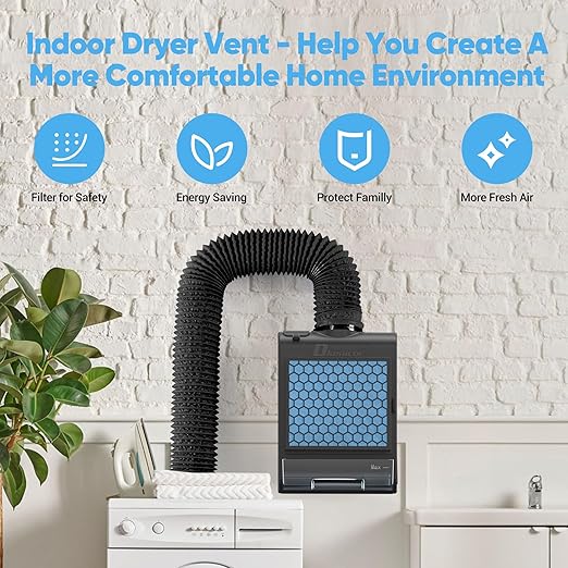 3-in-1 Indoor Dryer Vent Kit for Electric Dryer, Dryer Vent Box with 10 Pieces Polyester Filters, Stainless Steel Screen Filter and Water Drawer System (Vent Hose Include), Black