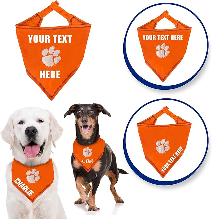 NCAA Clemson Tigers Personalized Tie Bandana for Dogs & Cats, Size Large/X-Large. Custom Dog Bandana Scarf Bib for Pet Cat Dog. The Ultimate Game-Day & Party Customizable Bandana