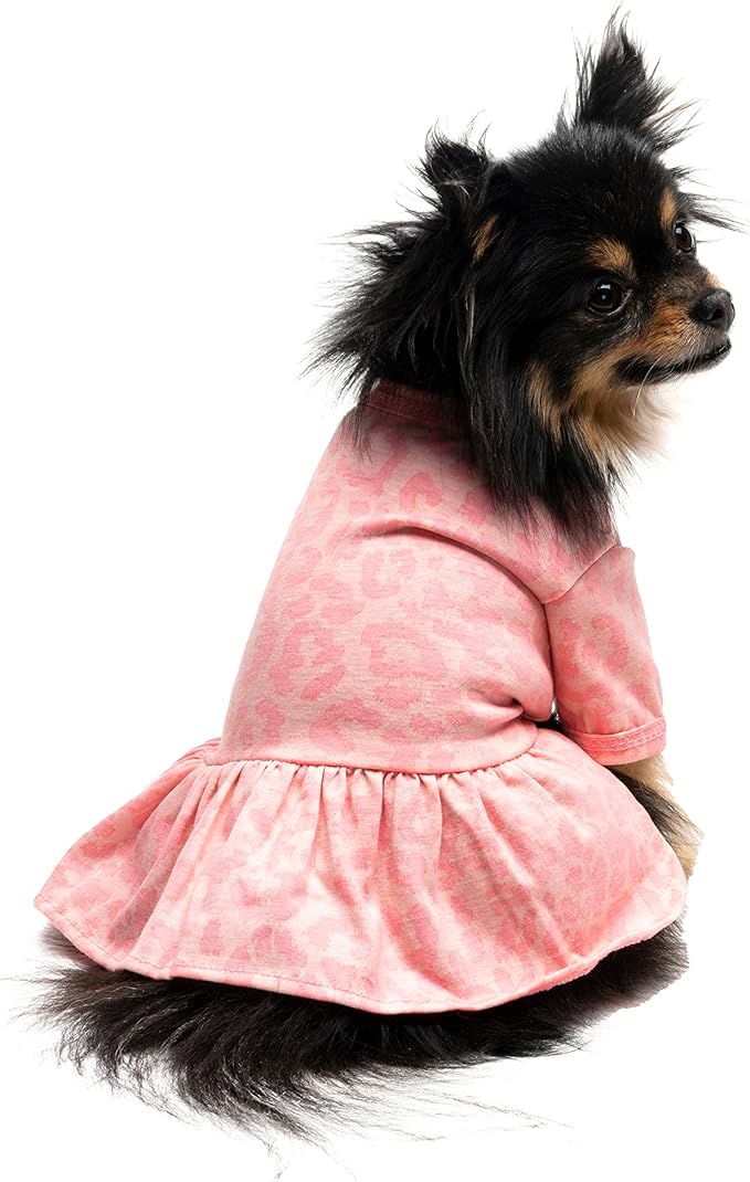 Juicy Couture Pink Leopard Tulle Dog Dress ā Pullover Design Puppy Shirt with Elasticated Waistline and Flared Skirt, Doggie Clothes for Convenient Bathroom Breaks