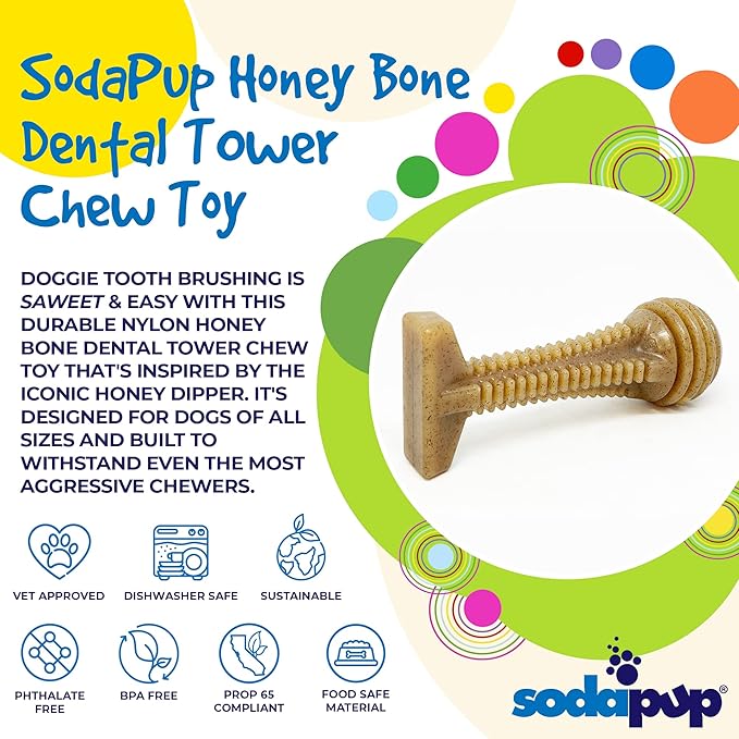 SodaPup Honey Bone Dental Tower – Durable Dog Chew Toy Made in USA from Non-Toxic, Pet Safe, Food Safe Nylon Material for Mental Stimulation, Clean Teeth, Fresh Breath, Problem Chewing, & More