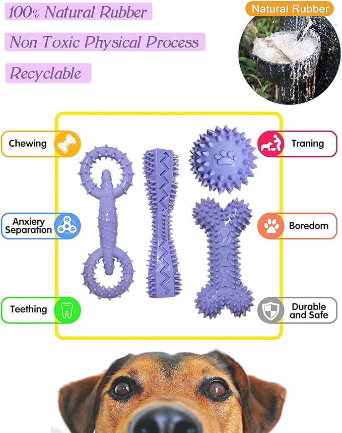 4 Pack Puppy Toys for 2-8 Months Pets Dog Chew Toy for Small Puppies Teething Toys for Cleaning Teeth Food Dispensing Soft Durable Rubber Bone Funny Ball Interactive Donut Treat Dumbbell (Purple)