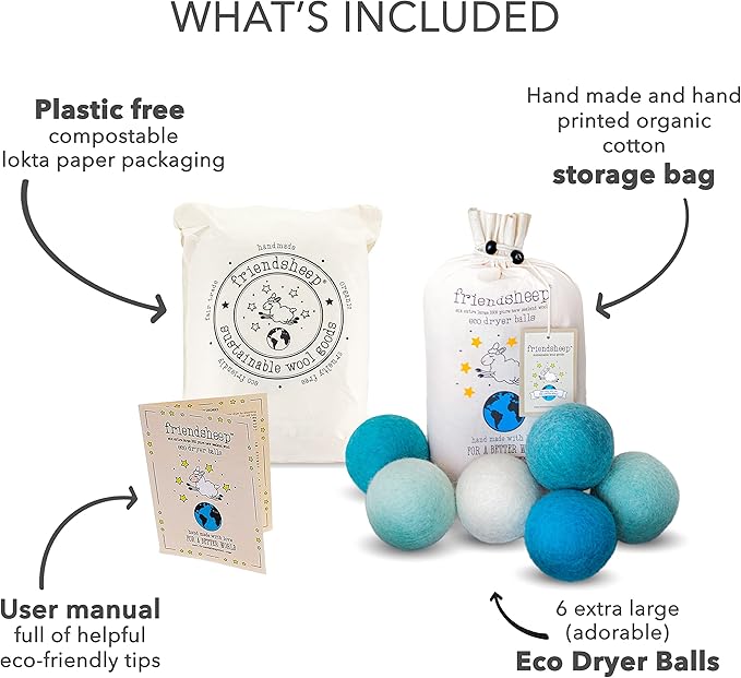 Friendsheep Ocean Wool Dryer Balls Blue 6 Pack XL Organic Premium Reusable Cruelty Free Handmade Fair Trade No Lint Fabric Softener Color, 6 Count