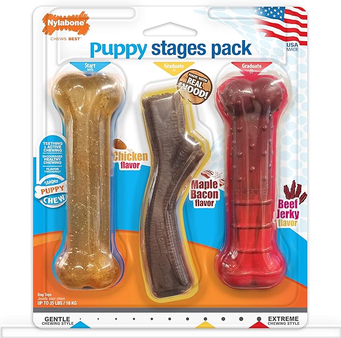 Nylabone Puppy Stages Chew Toy Set, Teething and Chewing Toys for Growing Puppies, Chicken, Maple Bacon, & Beef Jerky Flavors, Medium - Up to 35 lbs, 3 Pack